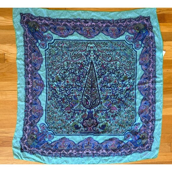 VTG 90’s FENDI Silk Scarf 38” Square Turquoise Blue Purple Tree Of Life Peacock - Picture 1 of 6